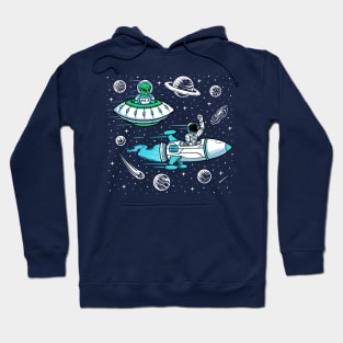 Space Race with Astronaut in Rocket and Alien in UFO Hoodie